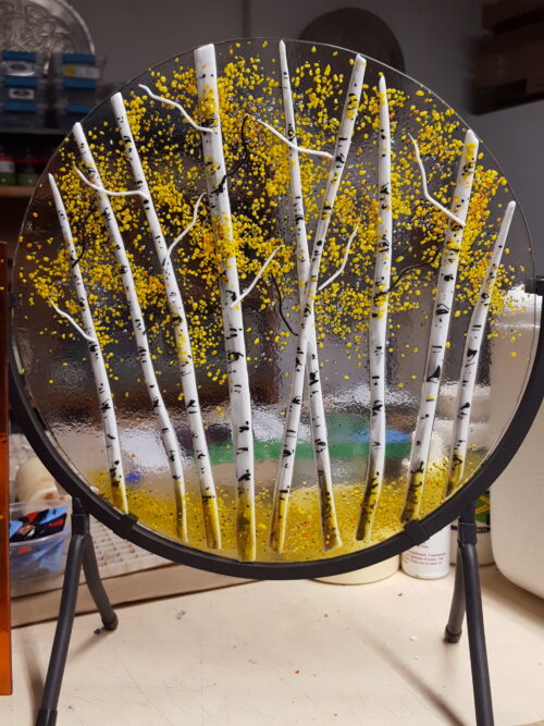 Aspen Glass Art Round Fused Glass Panel-Fall leaves 8"