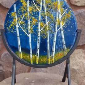 Aspen Trees on Glass - Round Blue Fused Glass Panel with Fall leaves 8"