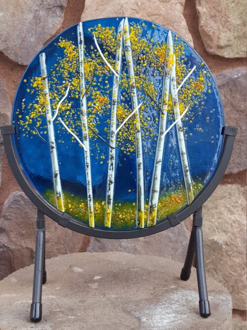 Aspen Trees on Glass - Round Blue Fused Glass Panel with Fall leaves 8"