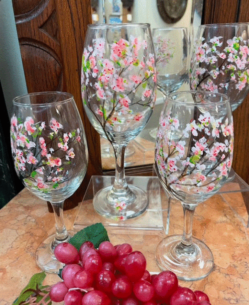 Cherry Blossom tall wine hand-painted