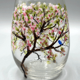 Stemless cherry blossom wine glass hand painted