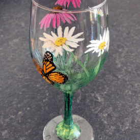 Hand-Painted Wine Glass - Wildflower and Butterfly