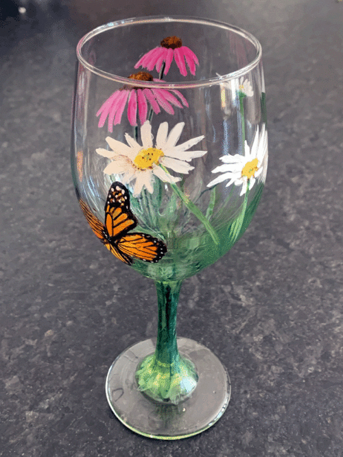 Hand-Painted Wine Glass - Wildflower and Butterfly